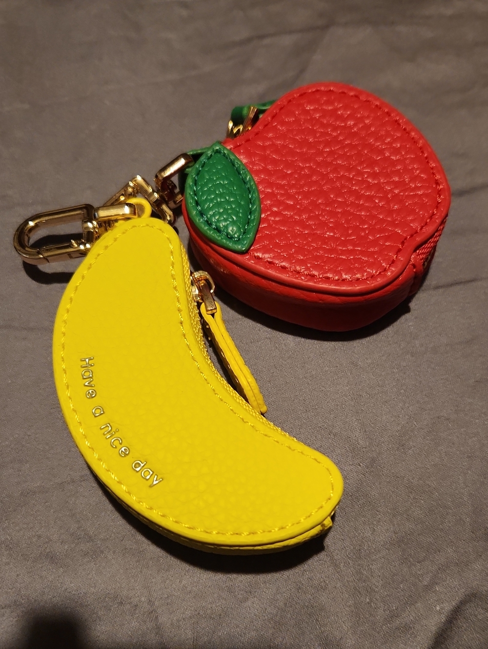 2 Fruit Coin Pouch Keychaind. Have a Nice Day Yellow Banana And Cute Apple